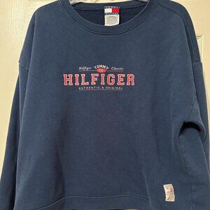 Navy Tommy Hilfiger crewneck sweatshirt with hand sewn embroidered patch logo